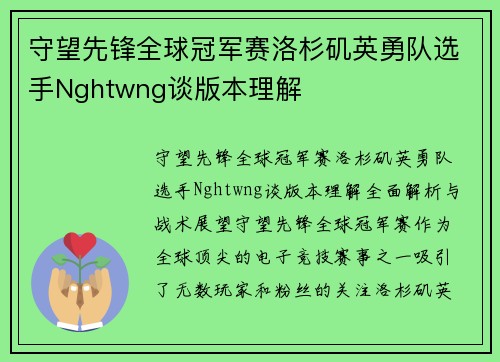 守望先锋全球冠军赛洛杉矶英勇队选手Nghtwng谈版本理解
